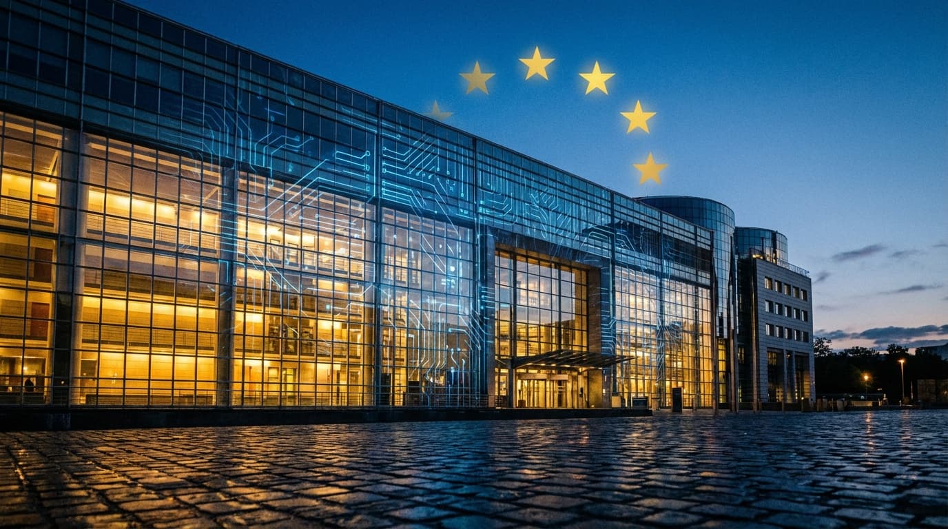 ES AI akto reguliavimo iliustracija su Europos Sąjungos simbolika ir dirbtinio intelekto motyvais